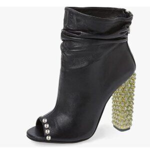 FSJ Black Stylish Peep Toe Slouch Ankle Boots Chunky Stacked Heels Crystal Shoes